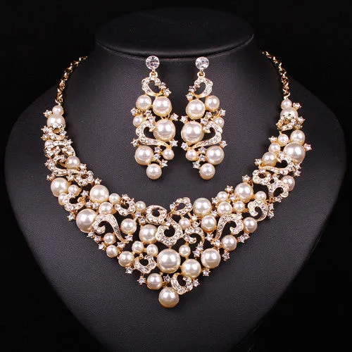 Bridal Jewelry Sets Wedding Necklace Earring For Brides Party Accessories Gold Color Imitation Pearl  Women Christmas Gift