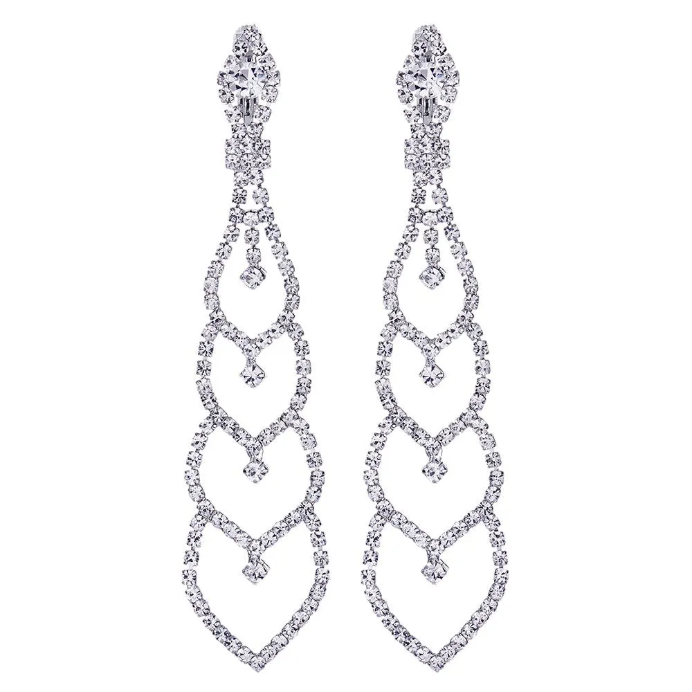 Bridal Wedding Bridesmaids Prom Rhinestone Layer Hearts Chandelier Long Dangle Drop Clip-on Earrings