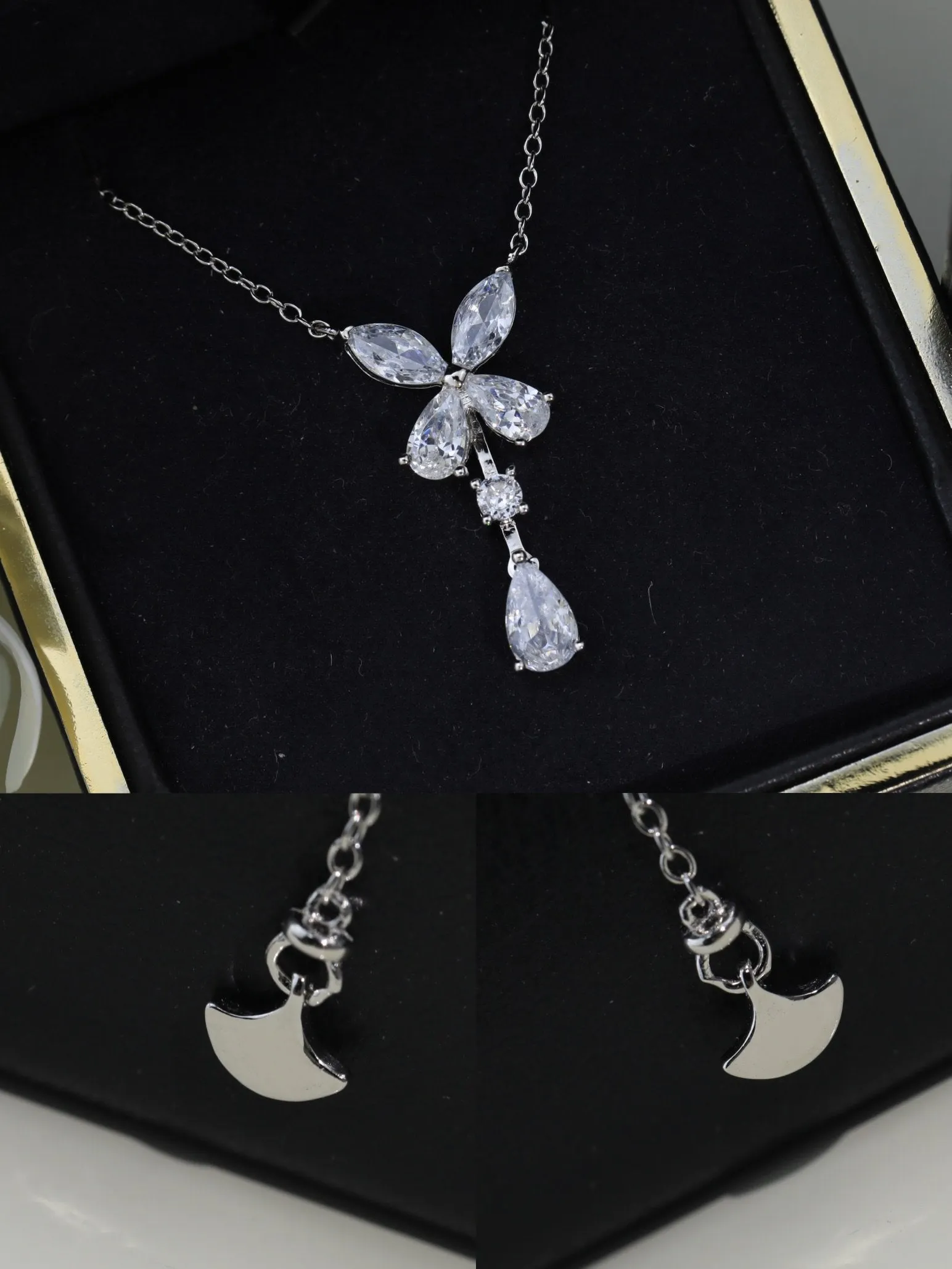 BUTTERFLY PEAR SHAPE CLASSIC SILVER DIAMOND DROP NECKLACE