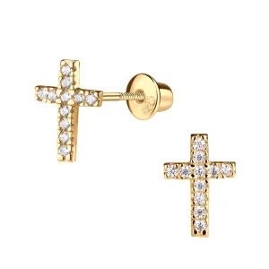 Cherished Moments 14K Gold-Plated Children's Cross CZ Earrings GPE-224