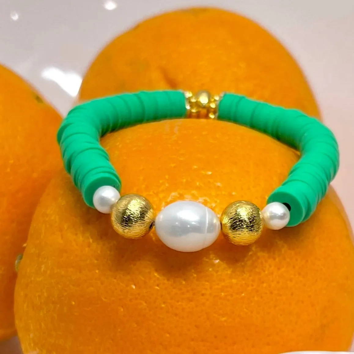 Colorful Parakeet Green Heishi Polymer & Freshwater Pearl Gold Bracelet