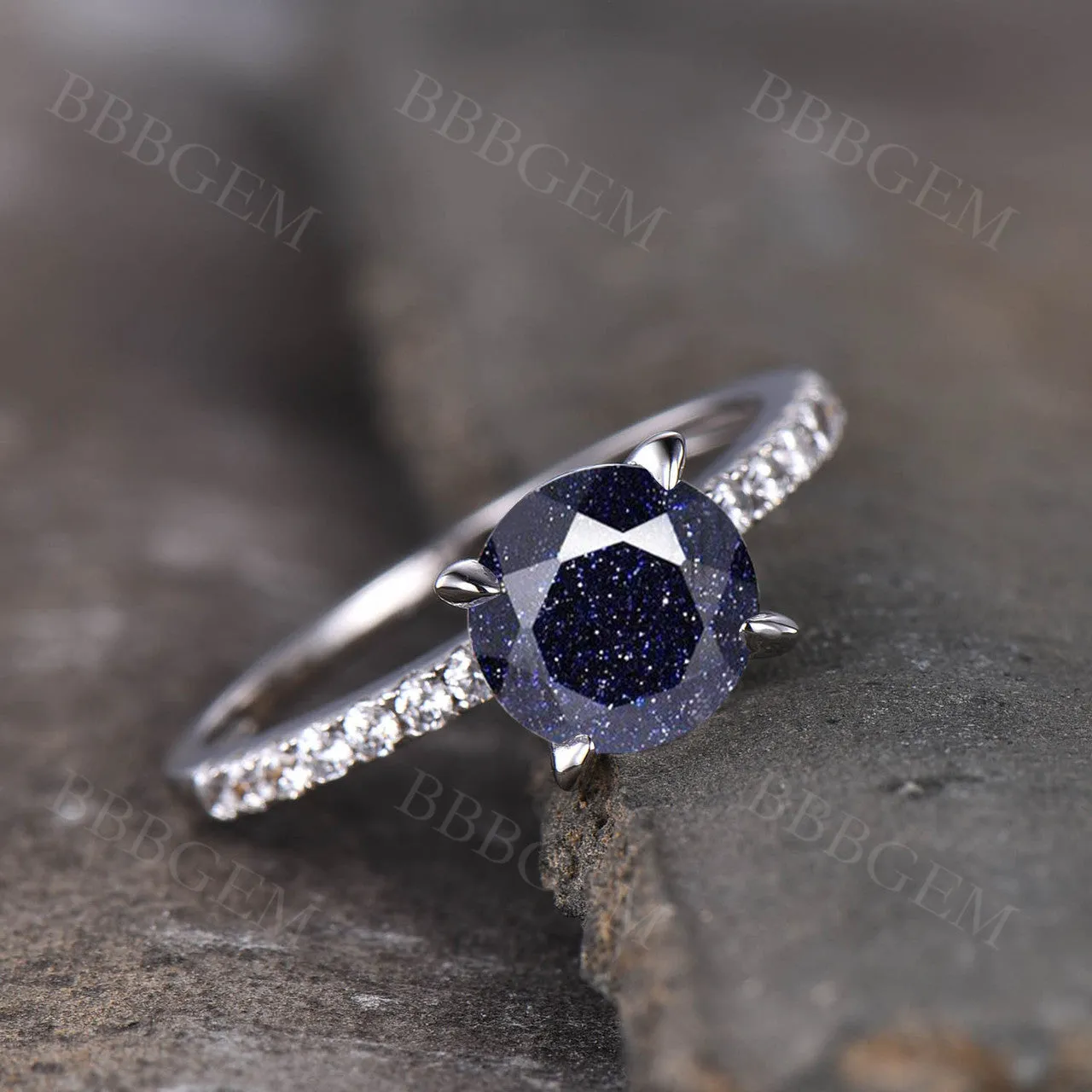 Dainty 7mm Round Cut Blue Sandstone Engagement Ring Half Eternity Diamond Band In White Gold