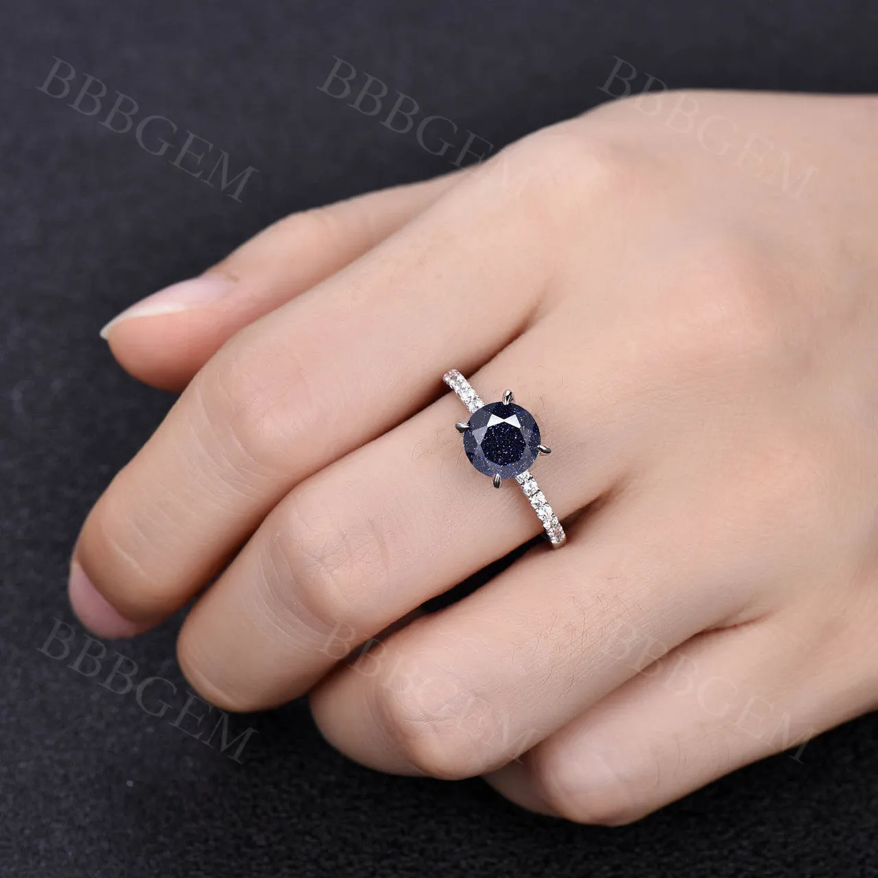 Dainty 7mm Round Cut Blue Sandstone Engagement Ring Half Eternity Diamond Band In White Gold