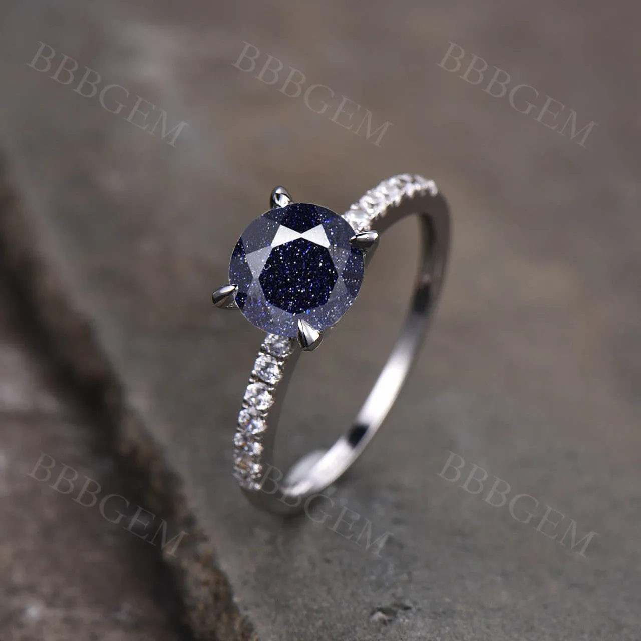 Dainty 7mm Round Cut Blue Sandstone Engagement Ring Half Eternity Diamond Band In White Gold