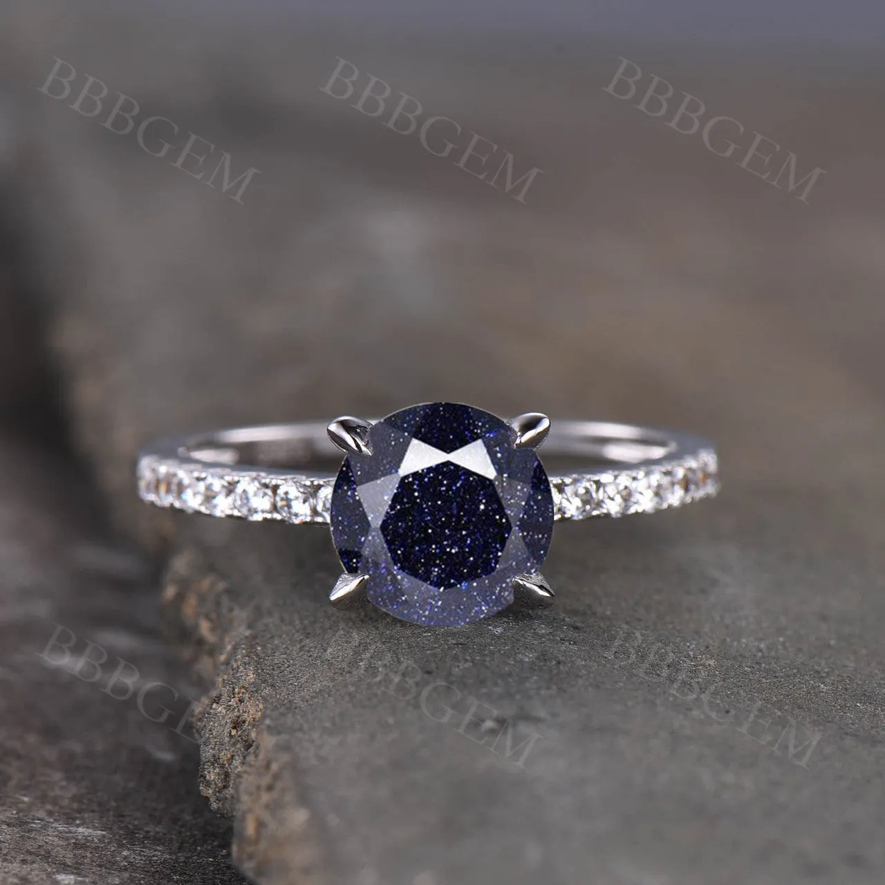 Dainty 7mm Round Cut Blue Sandstone Engagement Ring Half Eternity Diamond Band In White Gold