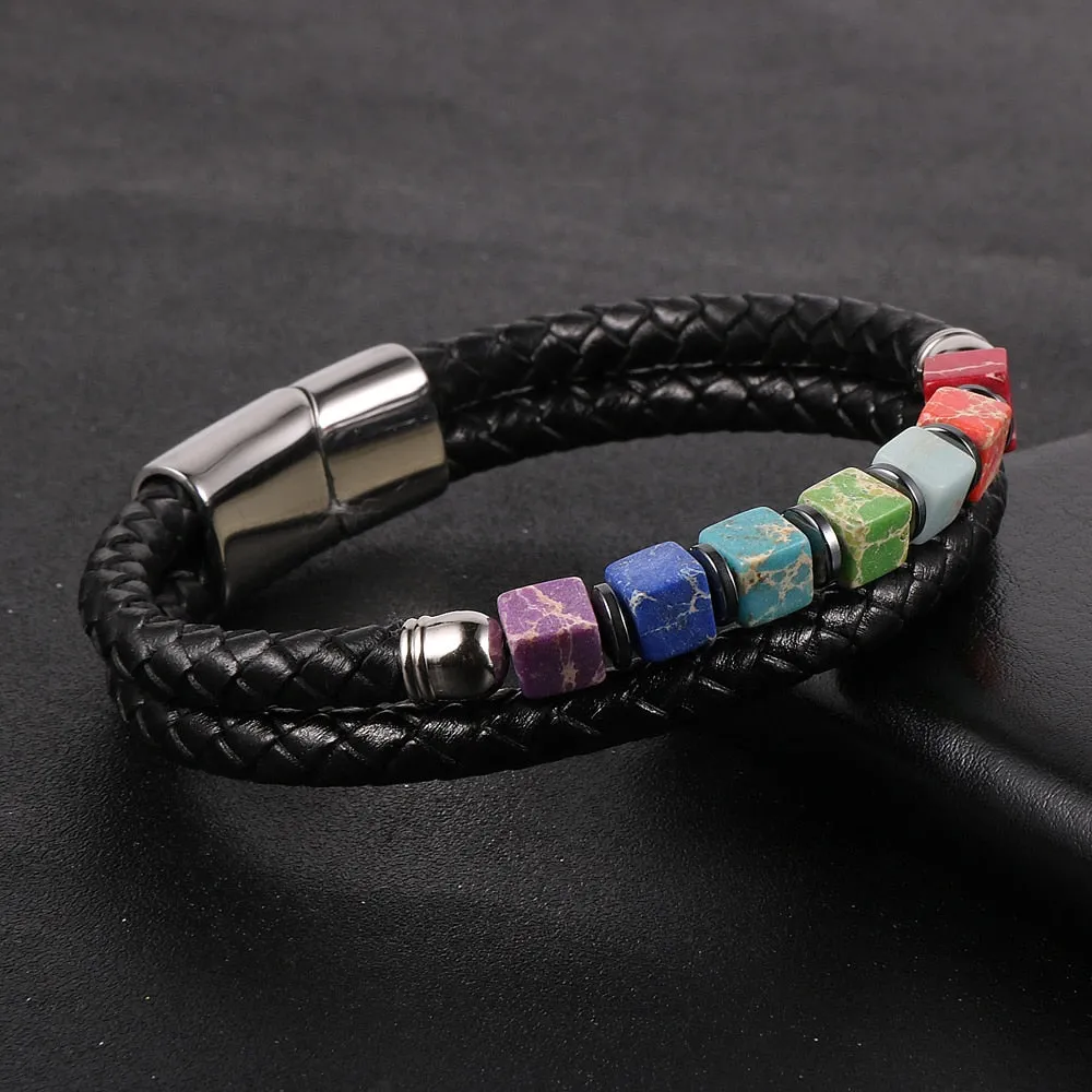 Double-Strand Leather Stainless Colorful Jasper 7 Chakras Bracelet