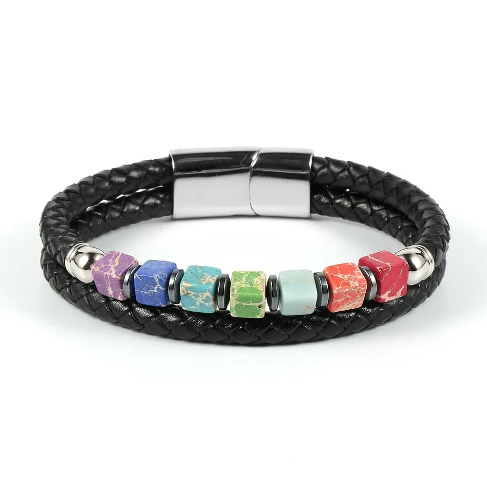 Double-Strand Leather Stainless Colorful Jasper 7 Chakras Bracelet