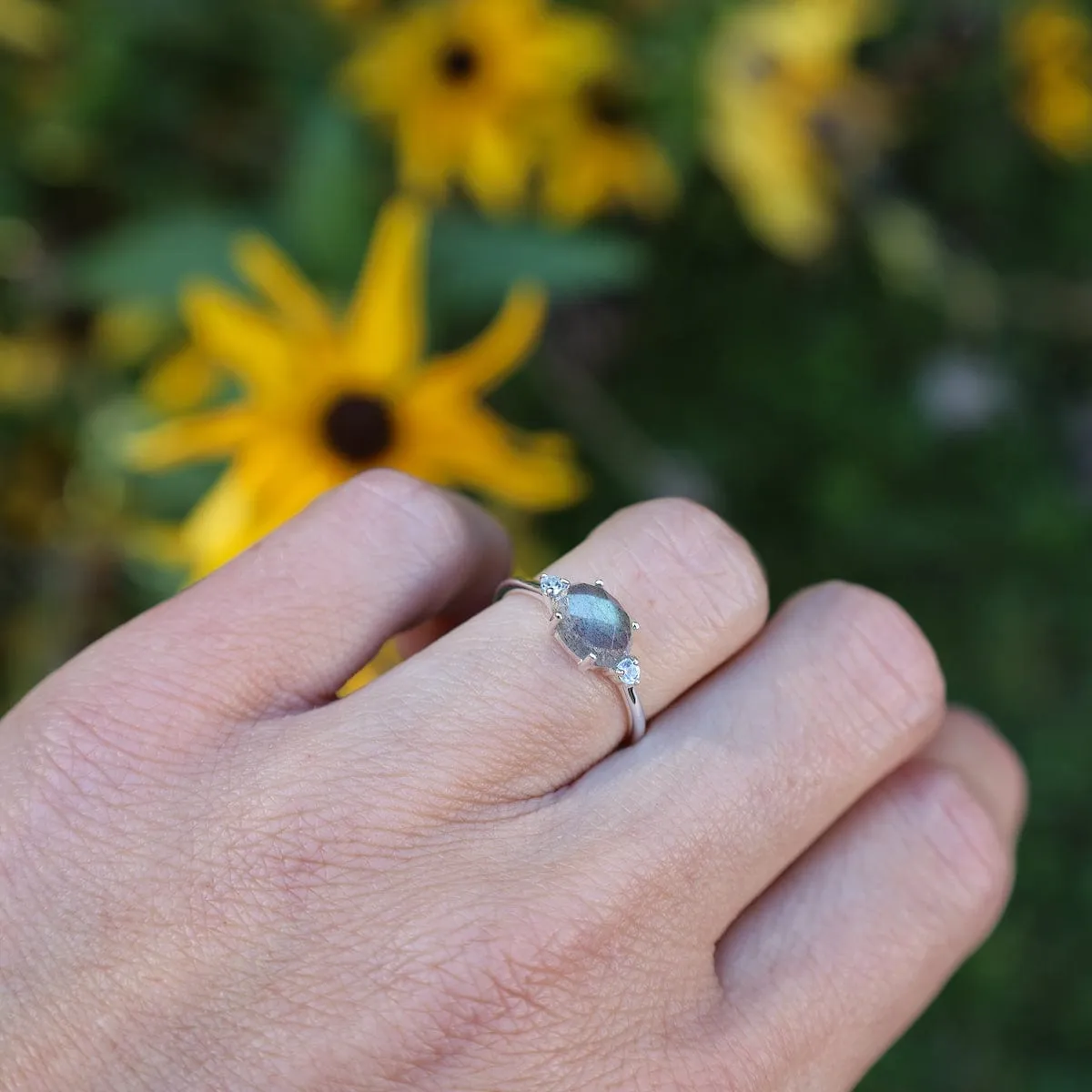 East West Prong Set Oval Rose Cut Labradorite Ring