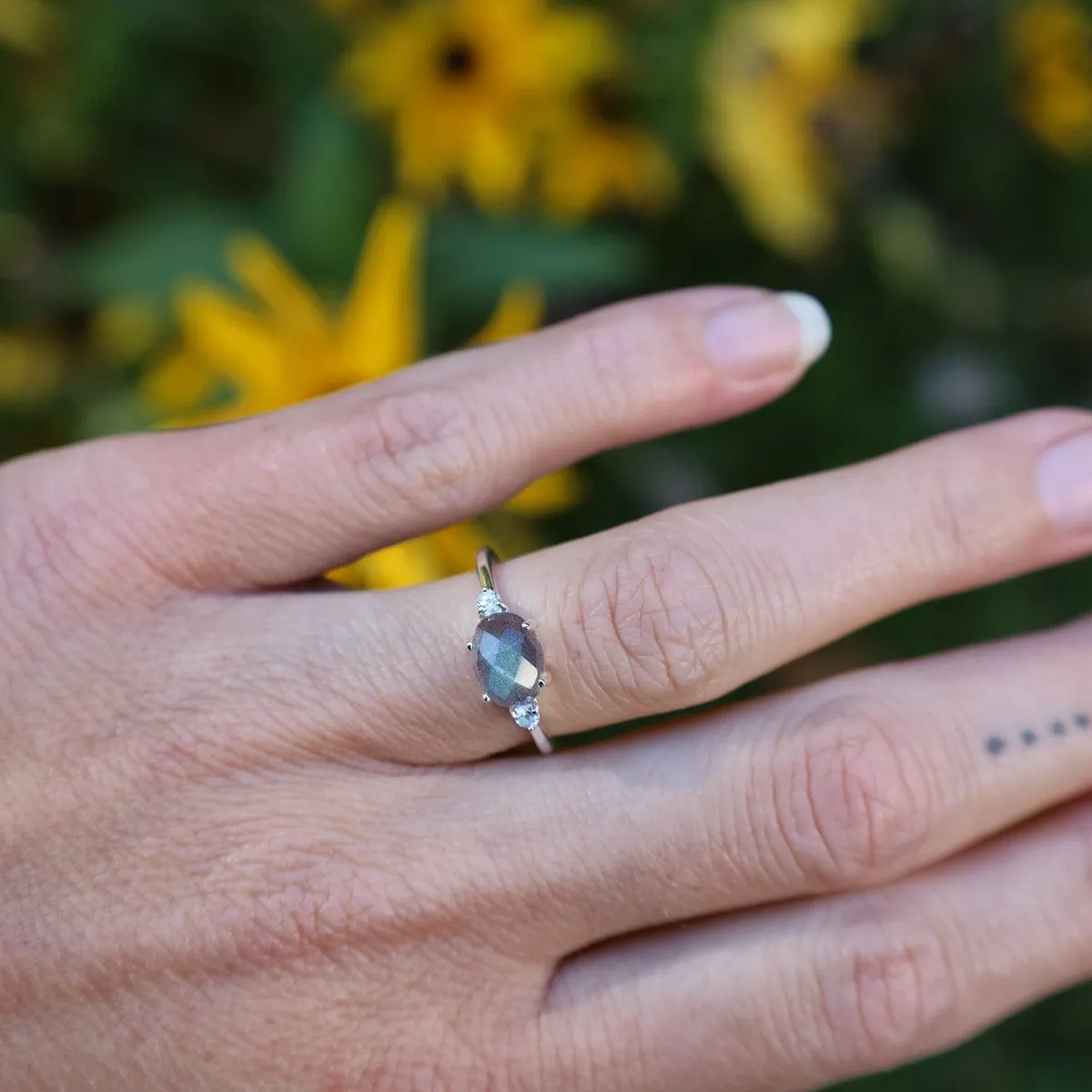 East West Prong Set Oval Rose Cut Labradorite Ring