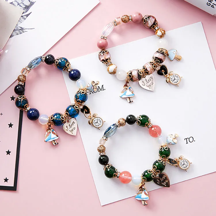 Ethnic Style,  Colorful & Creative Glass Beads Bracelet With Wind Girl,  Clock,  Love Letter And Lock Charms