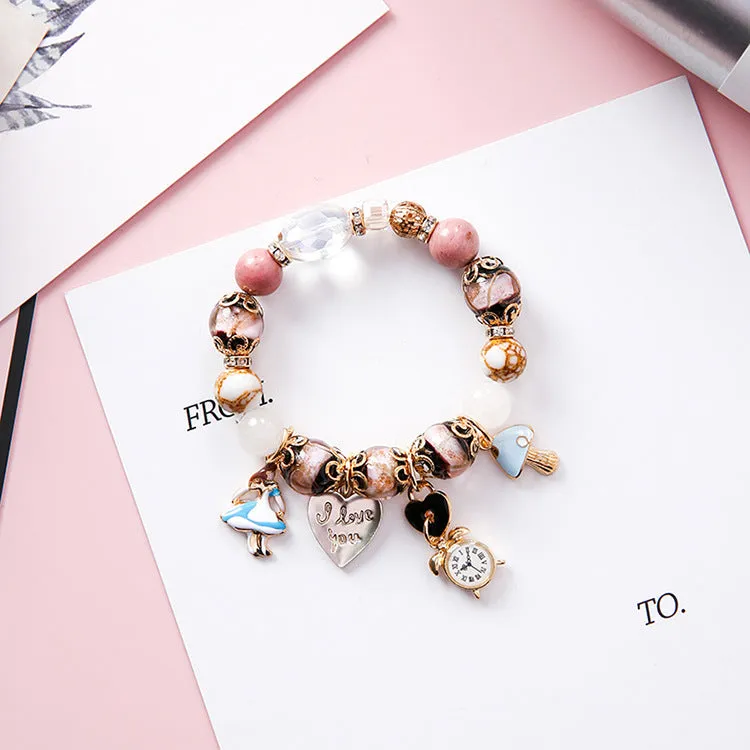 Ethnic Style,  Colorful & Creative Glass Beads Bracelet With Wind Girl,  Clock,  Love Letter And Lock Charms