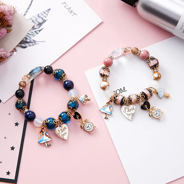 Ethnic Style,  Colorful & Creative Glass Beads Bracelet With Wind Girl,  Clock,  Love Letter And Lock Charms