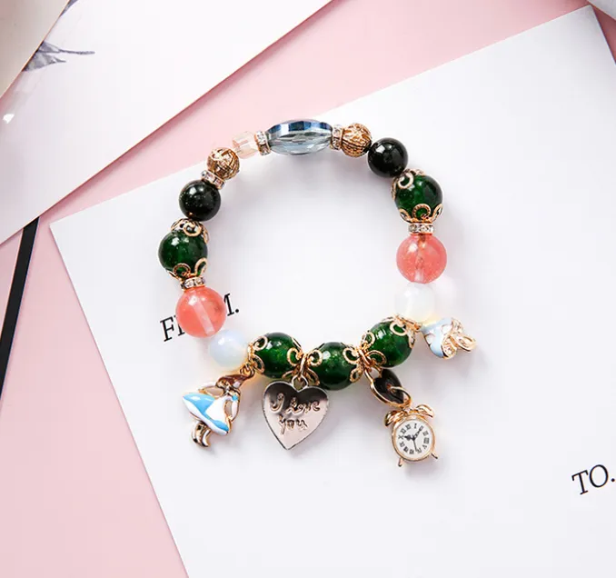 Ethnic Style,  Colorful & Creative Glass Beads Bracelet With Wind Girl,  Clock,  Love Letter And Lock Charms