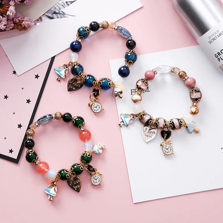 Ethnic Style,  Colorful & Creative Glass Beads Bracelet With Wind Girl,  Clock,  Love Letter And Lock Charms