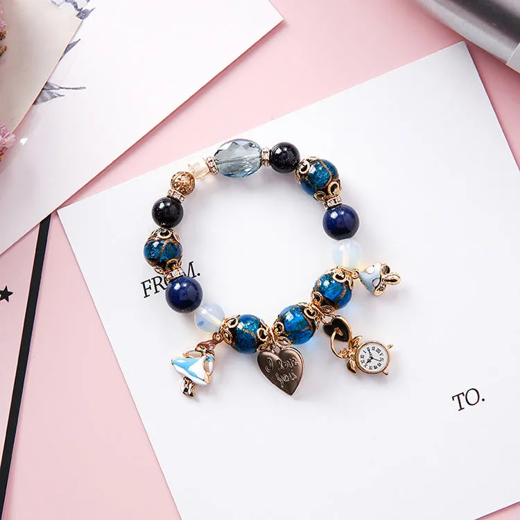 Ethnic Style,  Colorful & Creative Glass Beads Bracelet With Wind Girl,  Clock,  Love Letter And Lock Charms