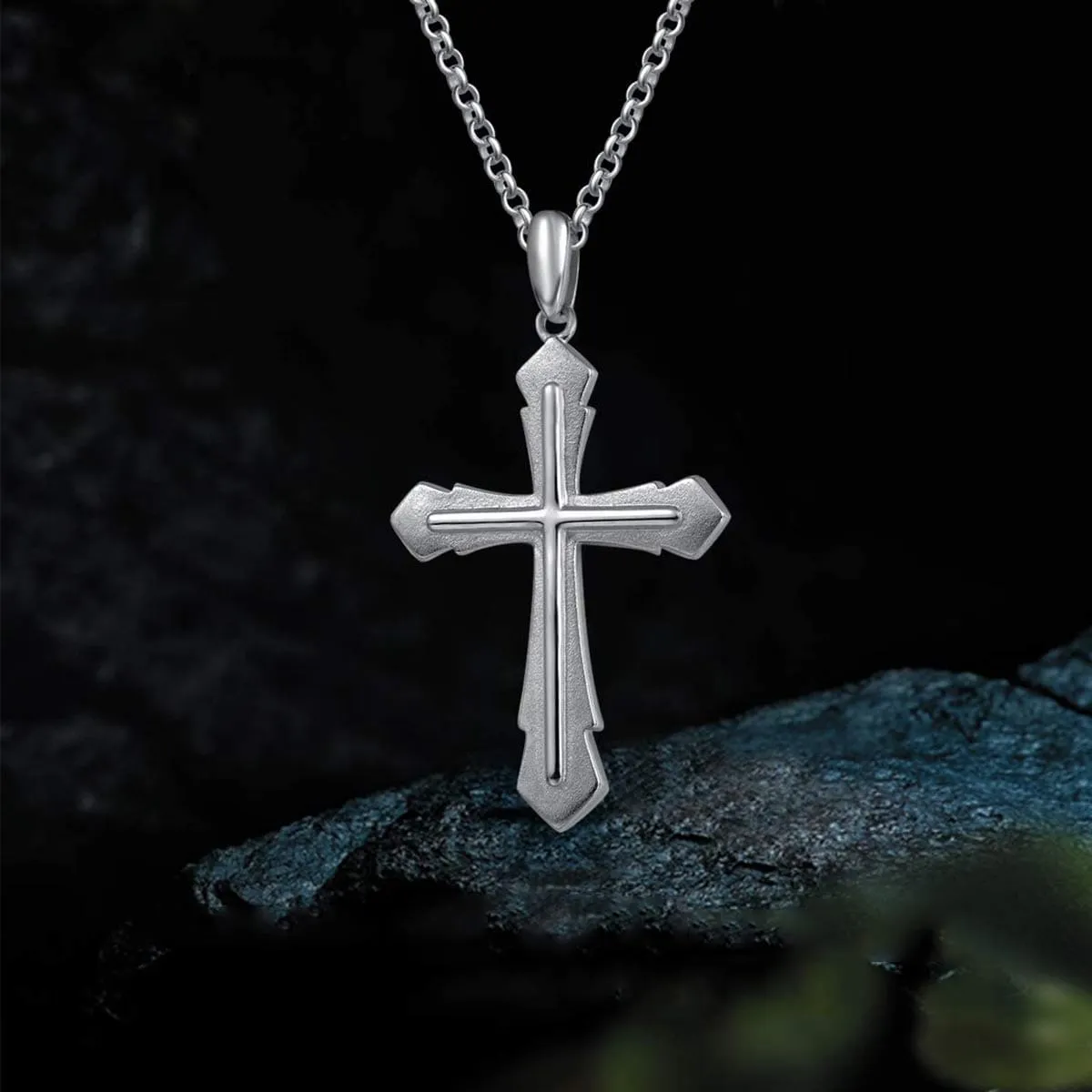 FANCIME Edgy Mens Cross Sterling Silver Necklace