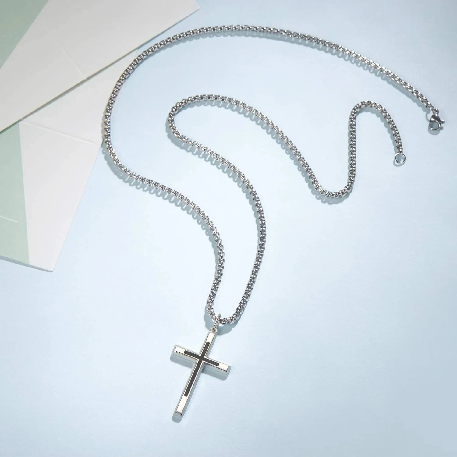 FANCIME Mens Black Highlight Cross 925 Silver Necklace