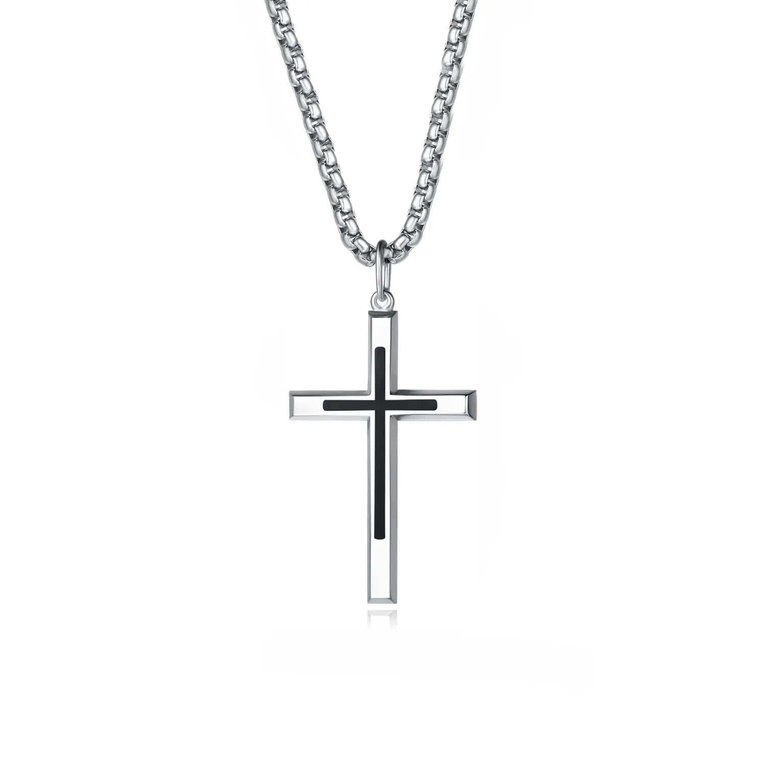 FANCIME Mens Black Highlight Cross 925 Silver Necklace