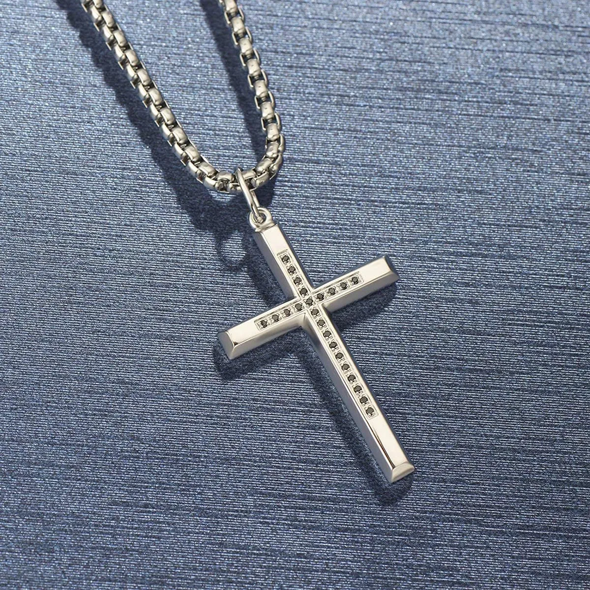 Fancime Mens Sterling Silver & Black Stone Cross Pendant Necklace 24 Inches