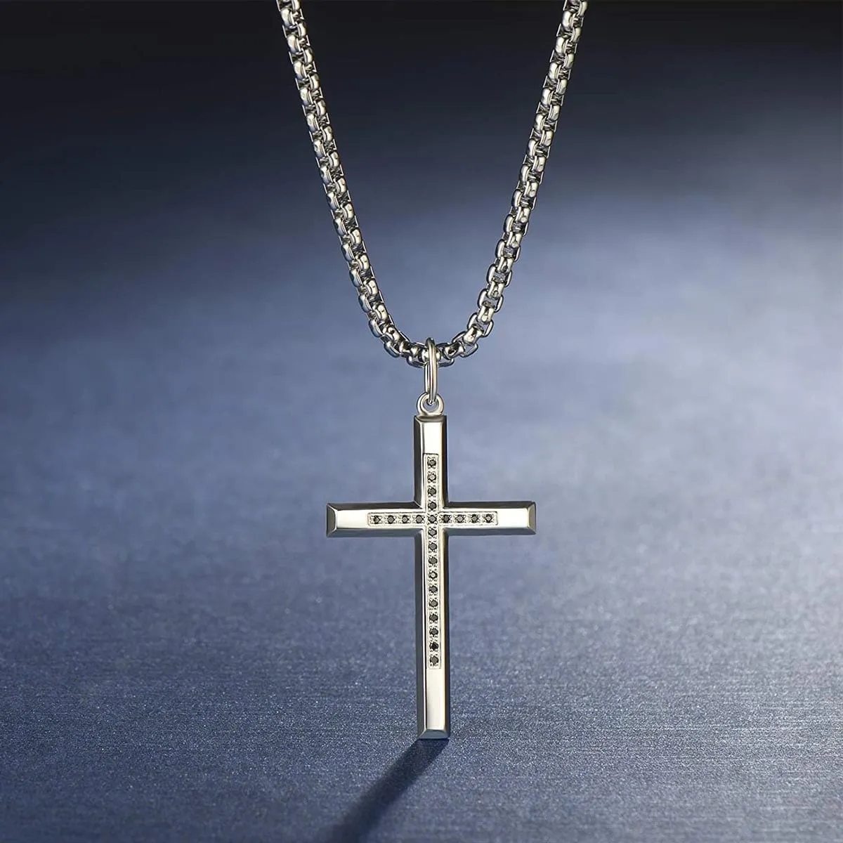 Fancime Mens Sterling Silver & Black Stone Cross Pendant Necklace 24 Inches