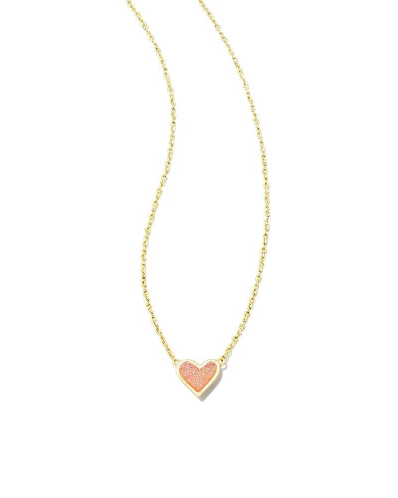 Framed Ari Heart Gold Short Pendant Necklace in Light Pink Drusy