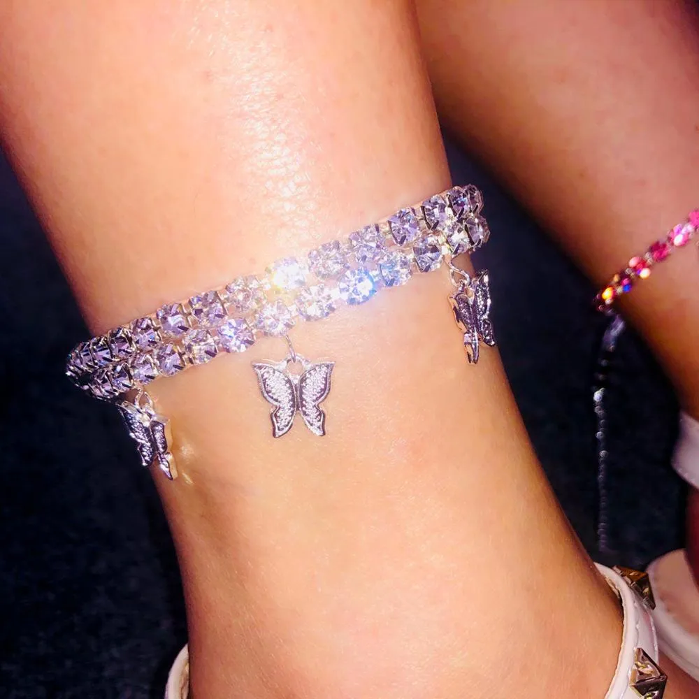 Gold Butterfly Rhinestone Crystal Anklets