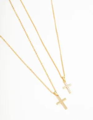 Gold Plated Cubic Zirconia & Plain Cross Necklaces 2-Pack