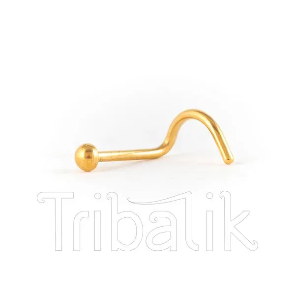 Gold Plated Stainless Steel Nose Stud, corkscrew end.