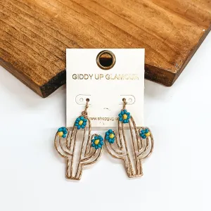 Gold Tone Cutout Cactus Earrings with Seedbeaded Flowers in Turquoise