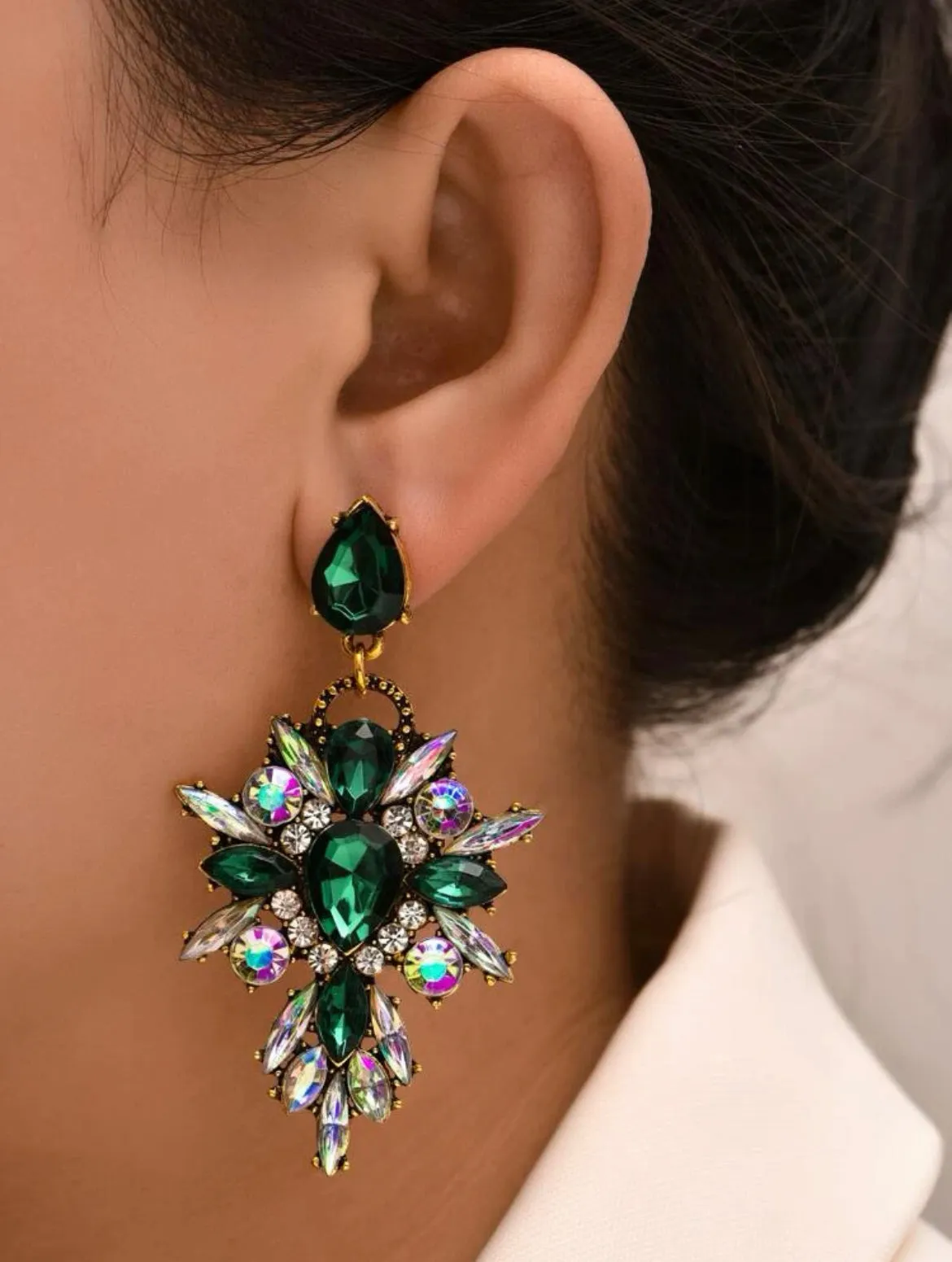 Green Rhinestone Chandelier Earrings