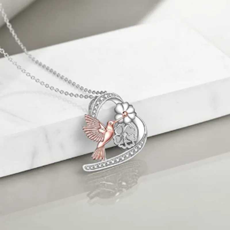 Hummingbird Necklace Heart-Shaped Pendant Hummingbird and Flower Crystal Necklace