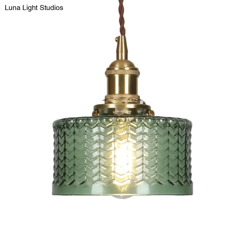 Isabella - Retro Retro Short Cylinder Pendant Lighting 1 Head Clear/Green Wavy Glass Ceiling Hang Lamp with Rotary Switch in Brass