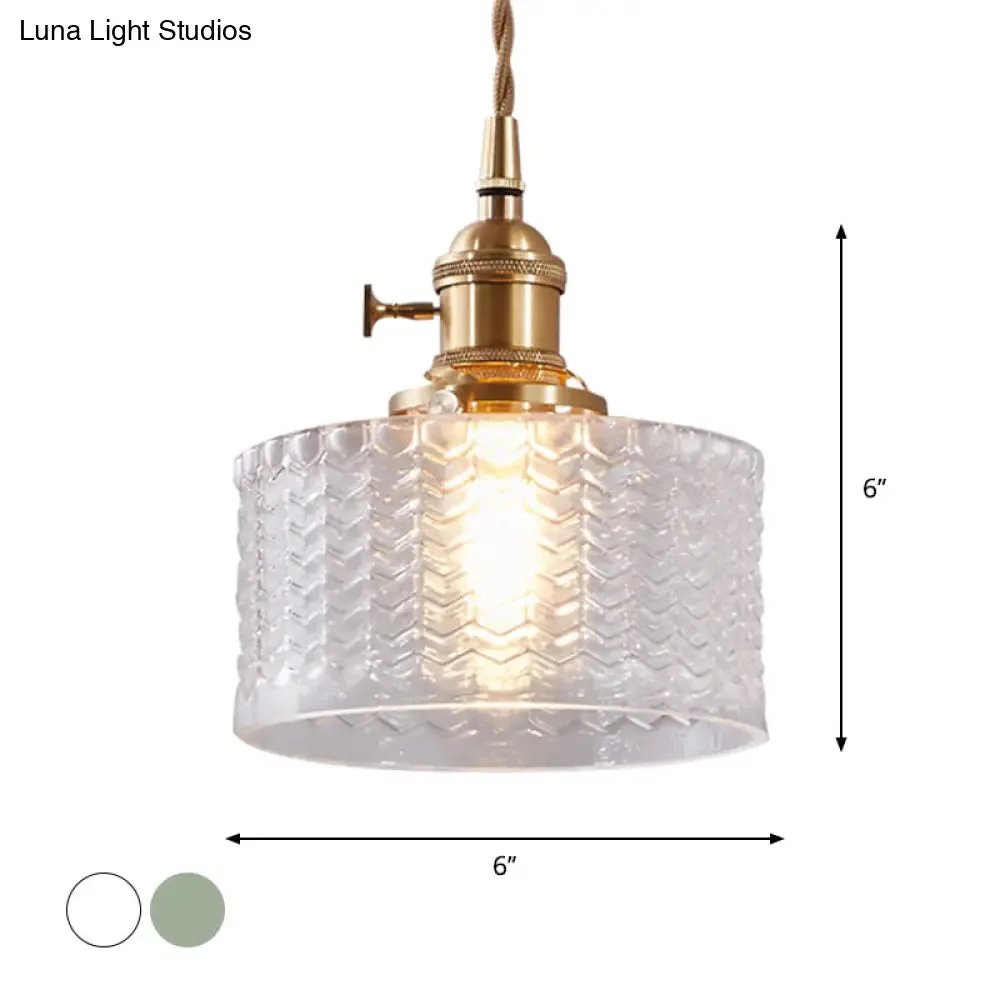 Isabella - Retro Retro Short Cylinder Pendant Lighting 1 Head Clear/Green Wavy Glass Ceiling Hang Lamp with Rotary Switch in Brass