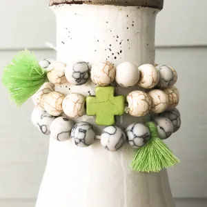 Lime and Ivory Cross Bracelets with Tassels