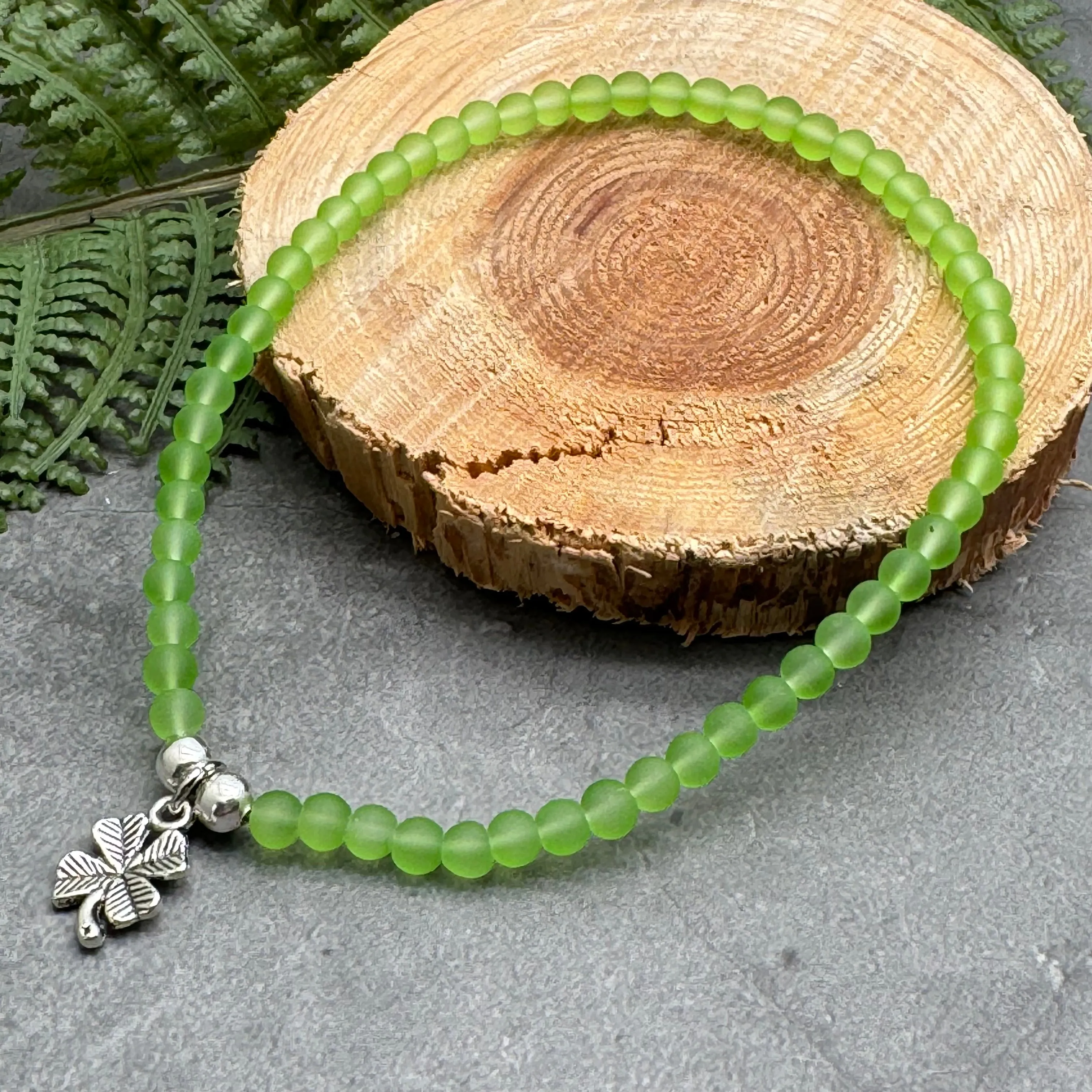 Lucky Clover Charm Frosted Bead Anklet - Colour Choice