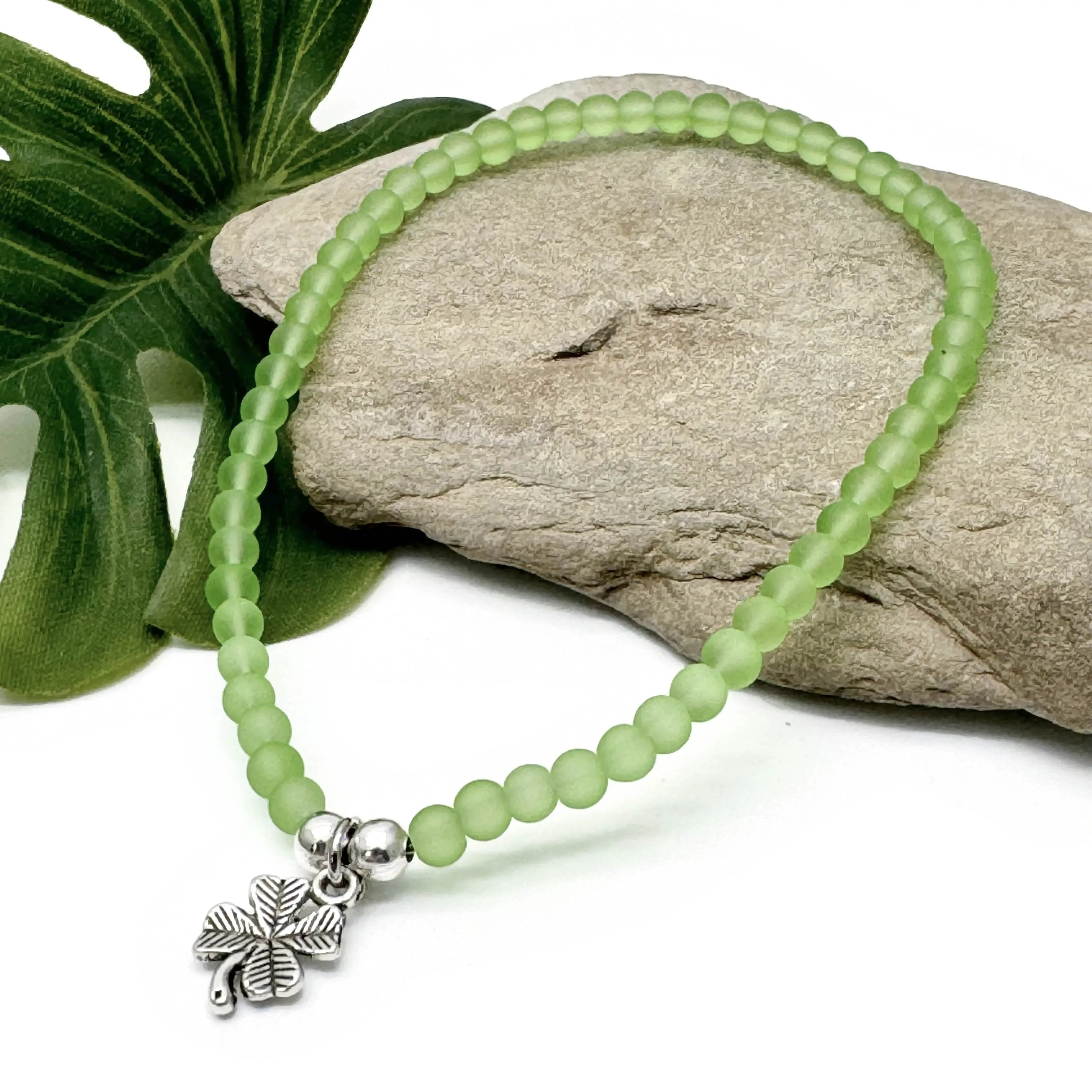 Lucky Clover Charm Frosted Bead Anklet - Colour Choice