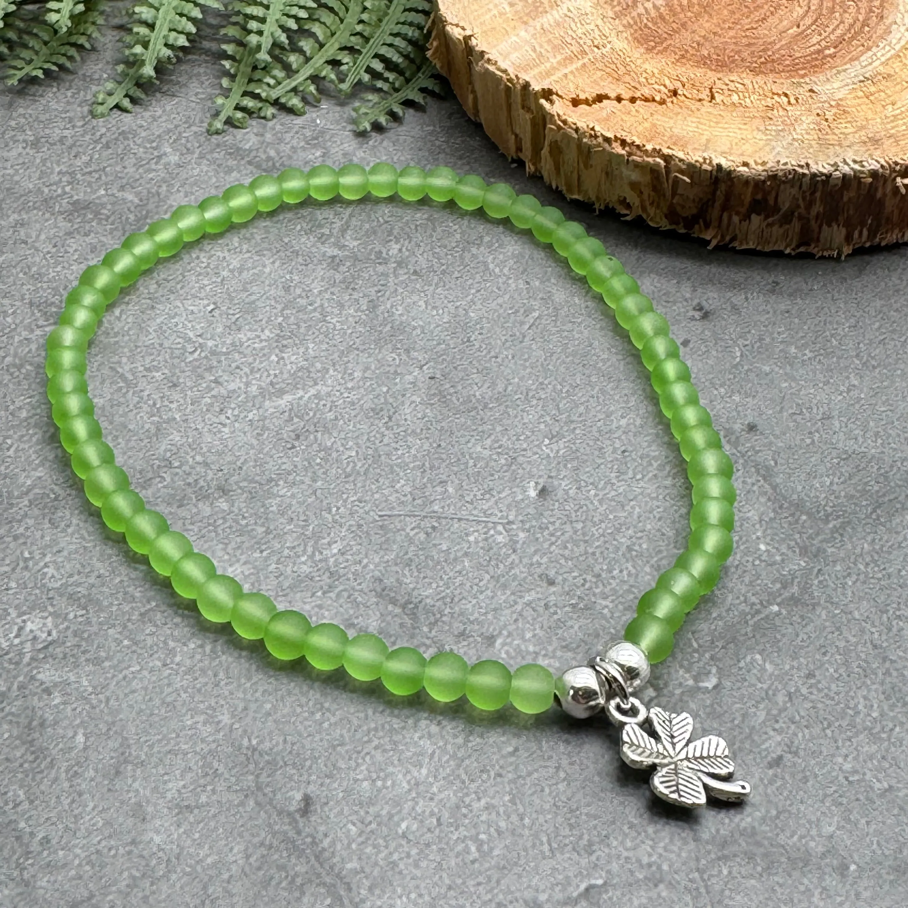 Lucky Clover Charm Frosted Bead Anklet - Colour Choice