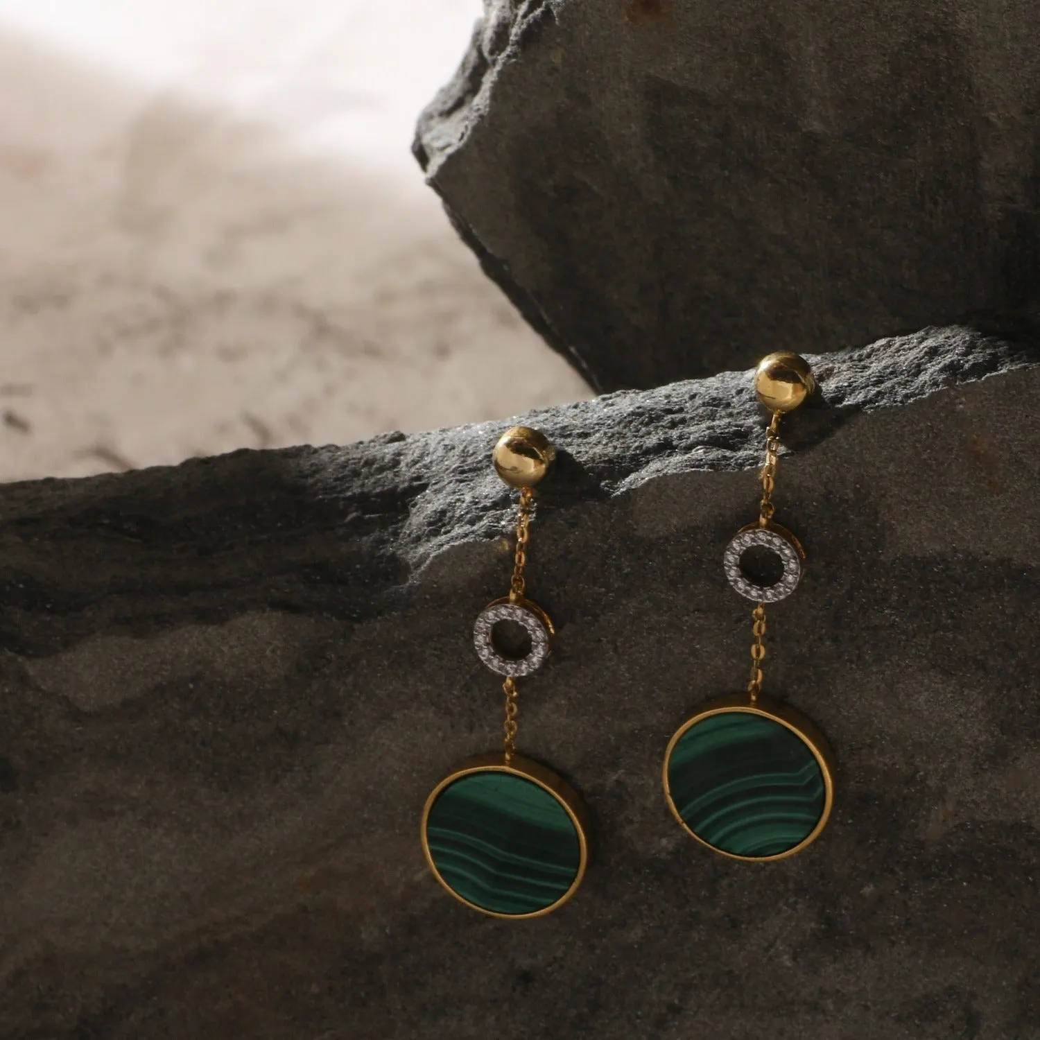 Malachite Round Charm Silver Drop Earrings