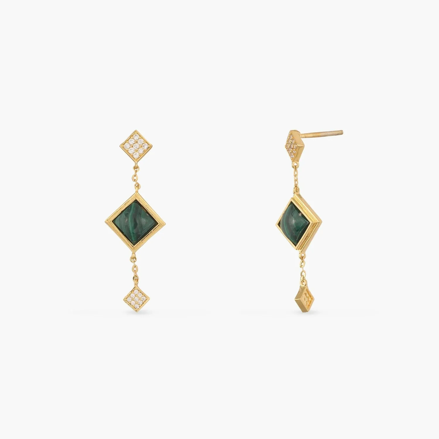 Malachite Square Charm Silver Drop Earrings