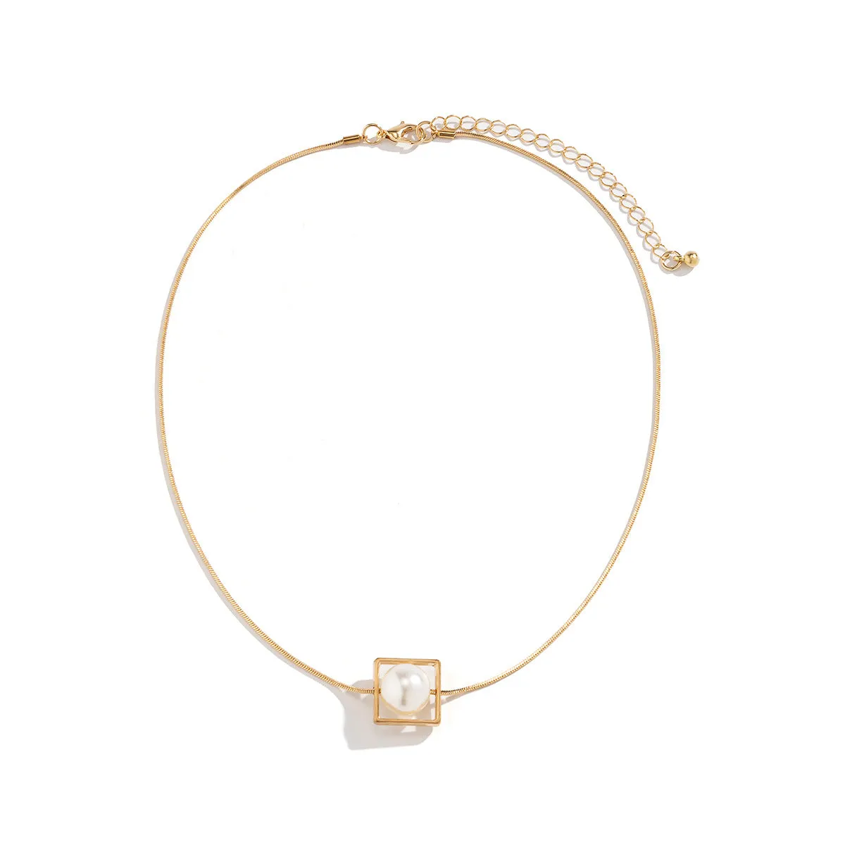 Modern Gold-Plated Cube Pendant Necklace with Floating Pearl – Minimalist Geometric Jewelry-jltn0516