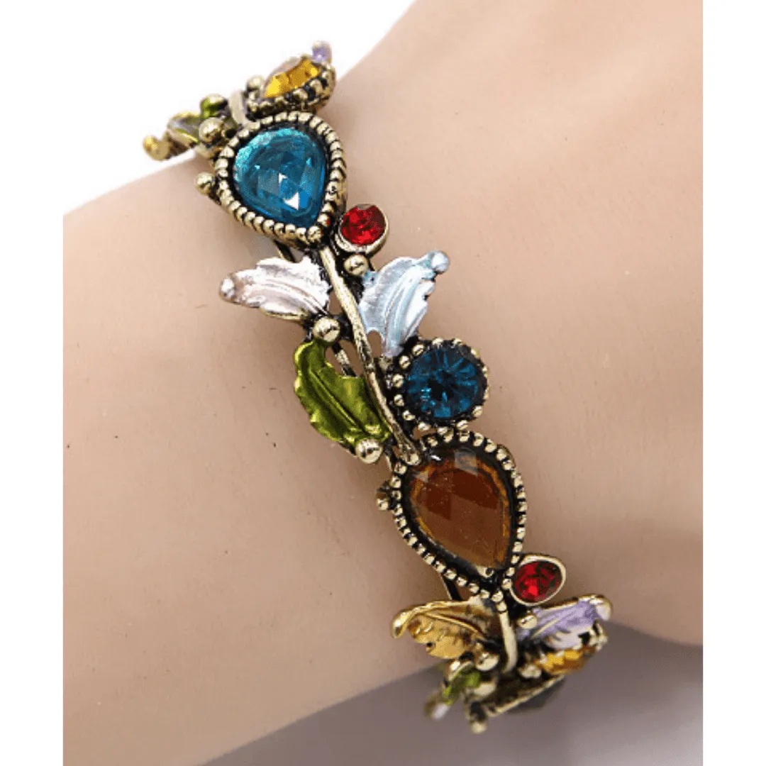 Multi Color Crystal Adjustable Flower Bangle Bracelet In Gold