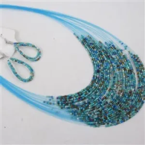 Multi-strand  Aqua Seed Bead Necklace & Earrings