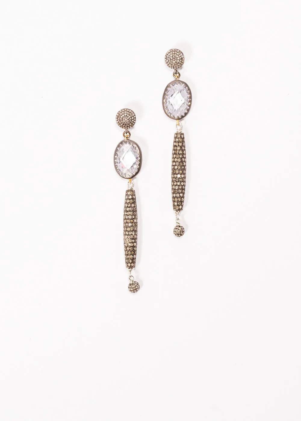 Pave Diamond Drops & Faceted Quartz Crystal Earrings