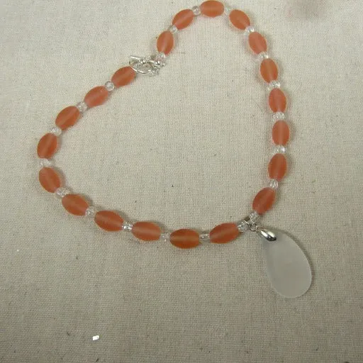 Peach & Clear Sea Glass Pendant Necklace