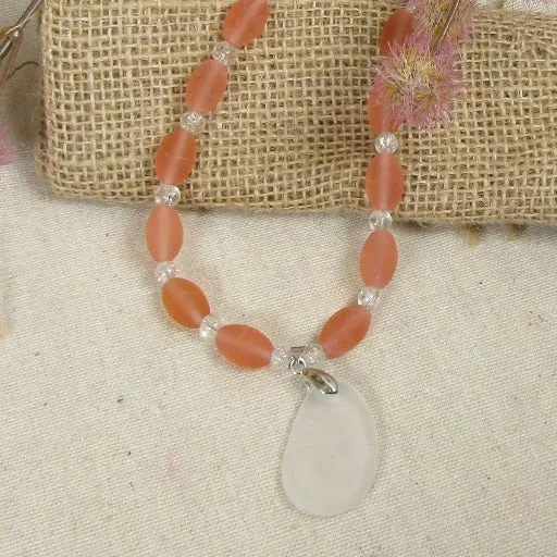 Peach & Clear Sea Glass Pendant Necklace