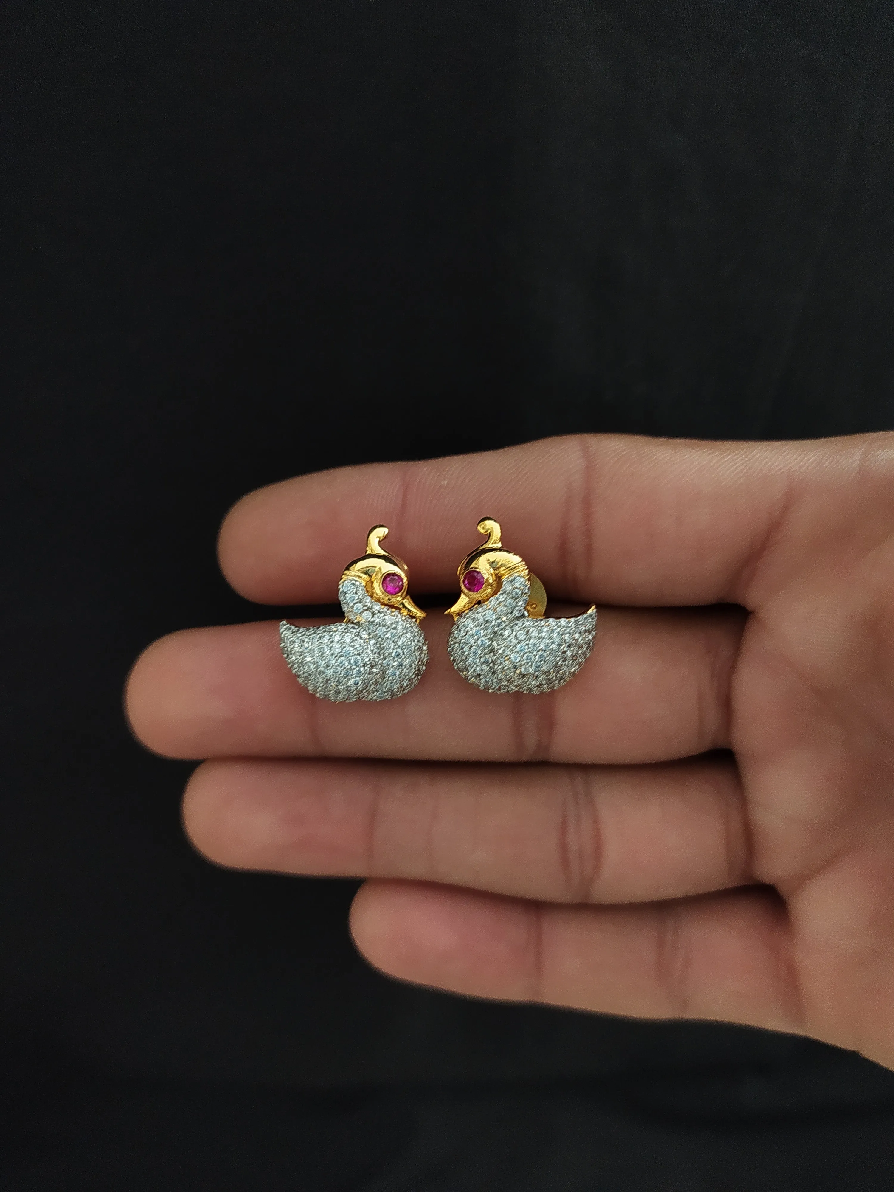 Peacock Designed Pure Silver Studs with Micro CZ and Ruby Stones