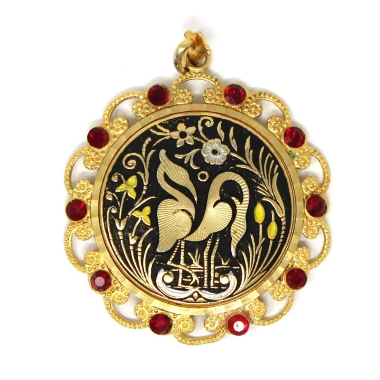 Pendant, Damascene Style, Gold Cranes & Red Rhinestones, Vintage