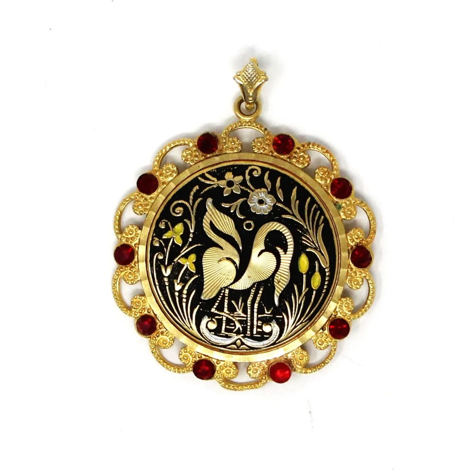 Pendant, Damascene Style, Gold Cranes & Red Rhinestones, Vintage