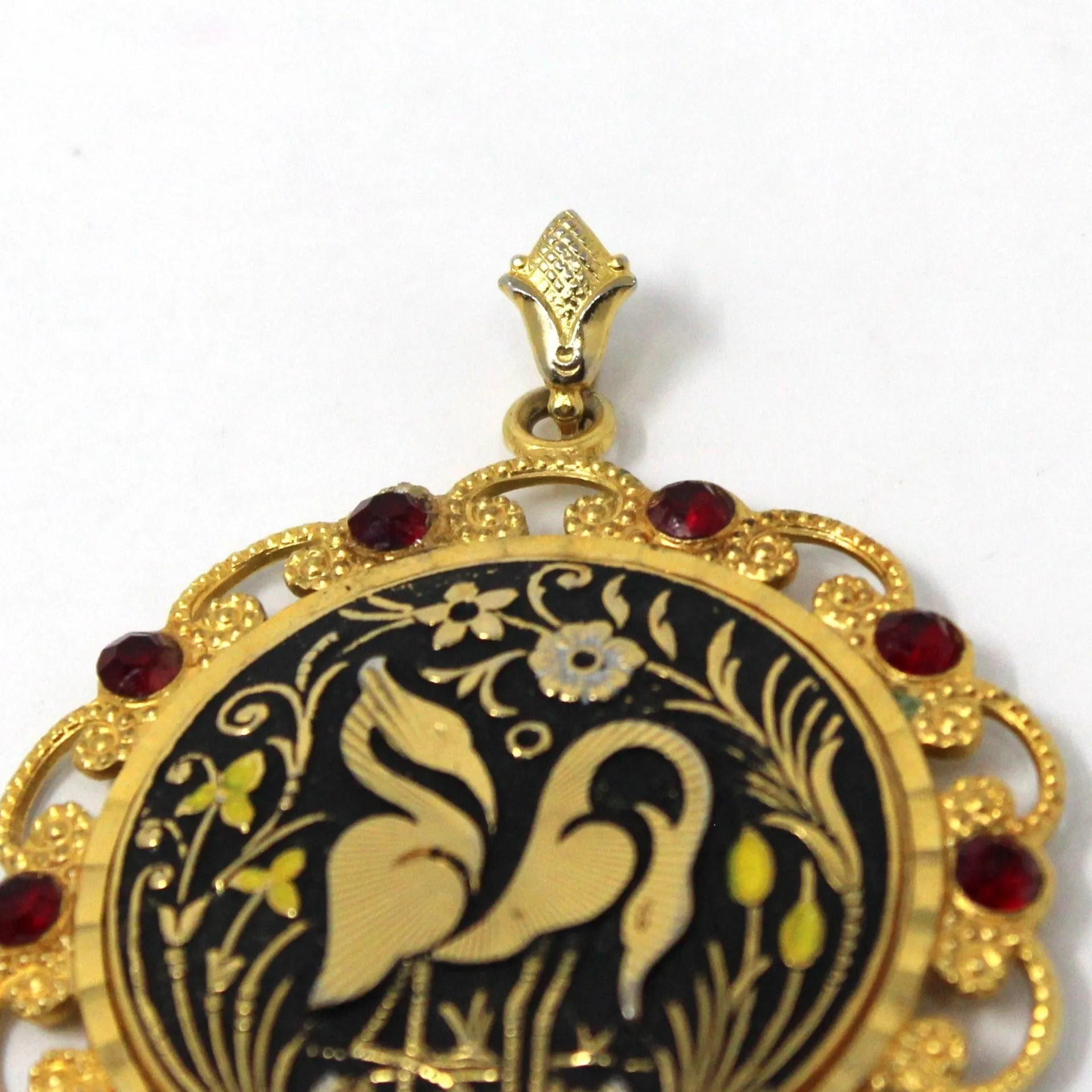 Pendant, Damascene Style, Gold Cranes & Red Rhinestones, Vintage