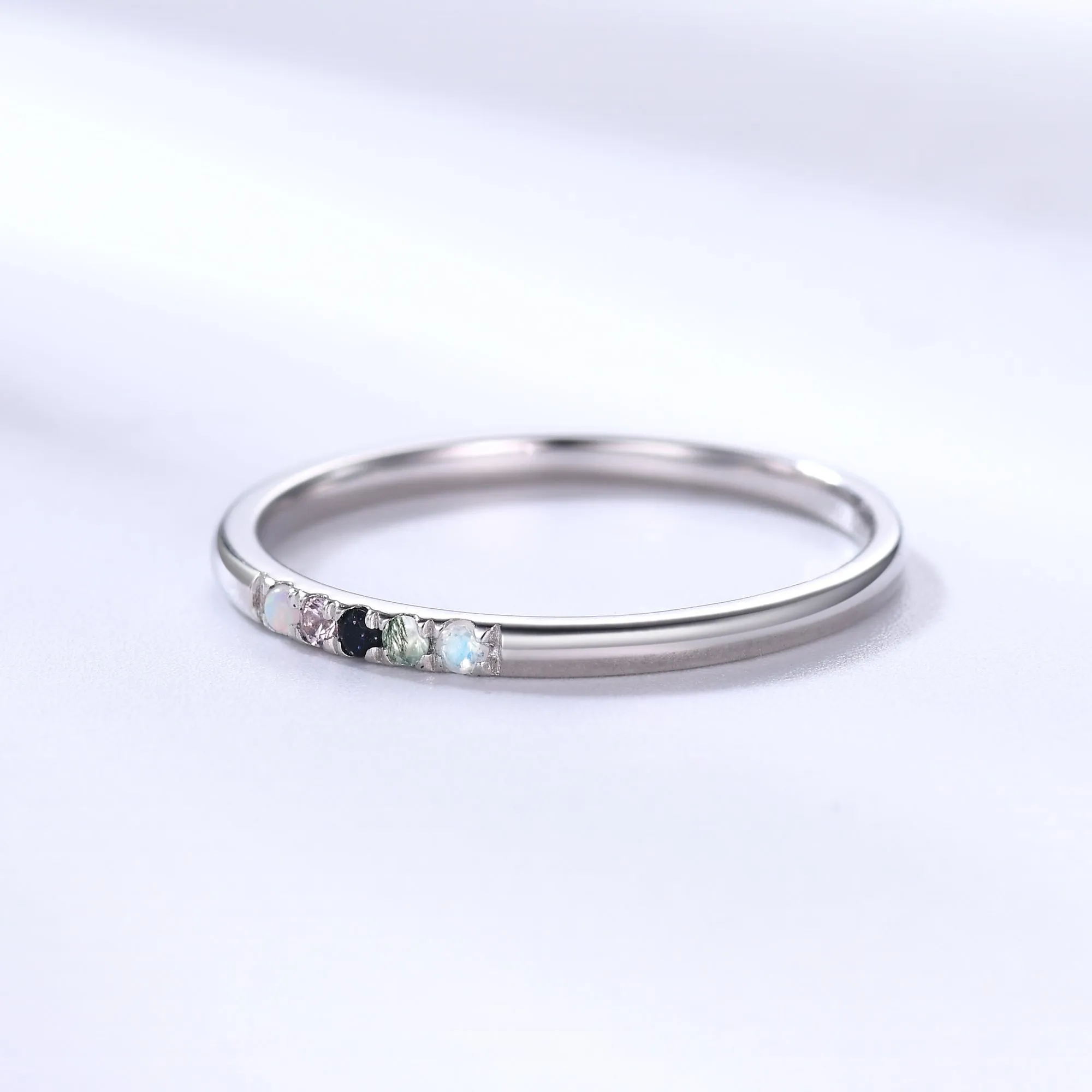 Personalized 5 Birthstones White Gold Ring for Mother moonstone moss agate sandstone morganite opal